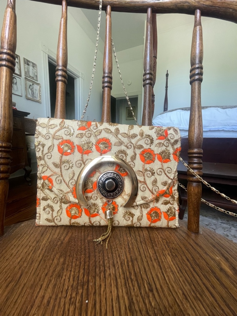 Vintage Embroidered Floral Chain Shoulder Bag/Clutch in Cream & Orange